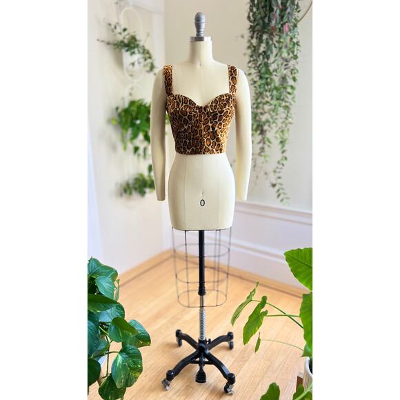 Vintage 1990s Bustier 90s Leopard Animal Print Pin Up Faux Fur Velvet Crop Top - Picture 3 of 9